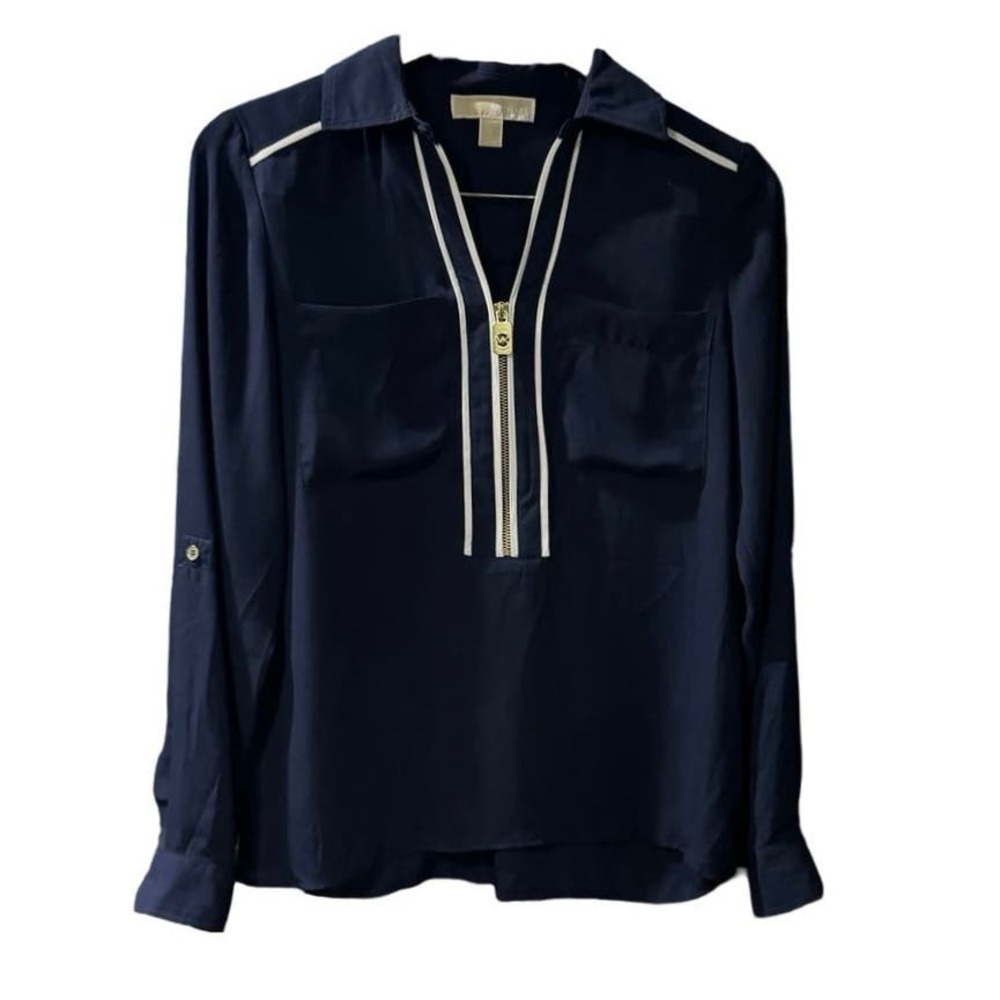 MICHAEL MICHAEL KORS navy blue top Print 1/4 Zip-Front Blouse S Small shirt